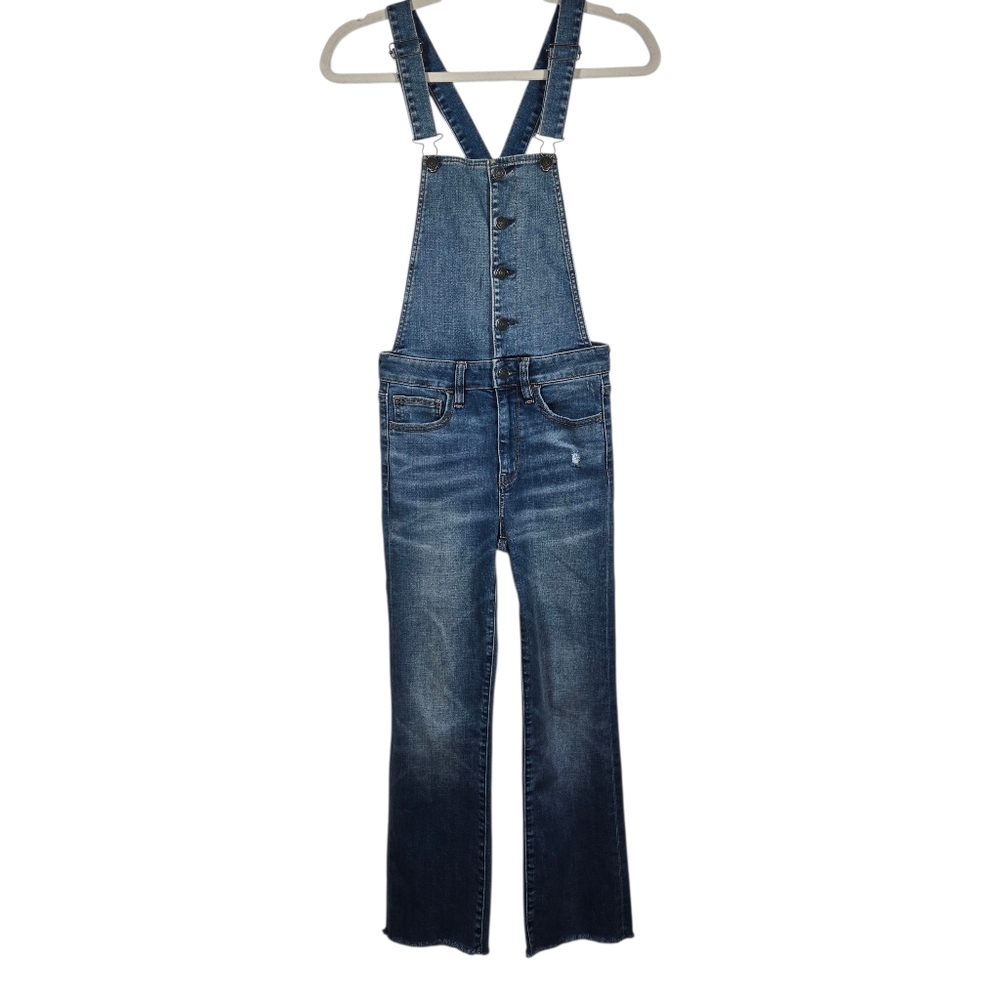 American Eagle Blue Denim Super Stretch High Rise Crop Flare Overalls 2 Short